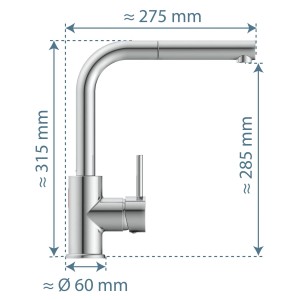 Schütte Sensor-Spültischarmatur Vital, Chrom, mit Maßen für Montage und Installation.