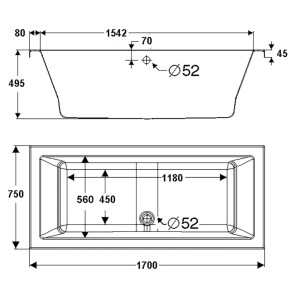 Technische Zeichnung Ottofond Whirlpool Cubic Premium 170x75 cm. Draufsicht und Seitenansicht mit allen wichtigen Abmessungen.
