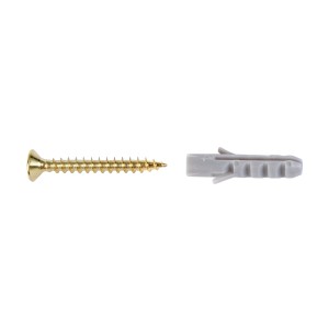 Schrauben- und Dübel-Set, vermessingte Stahlschraube und grauer Dübel, 3x25mm, für Profile.
