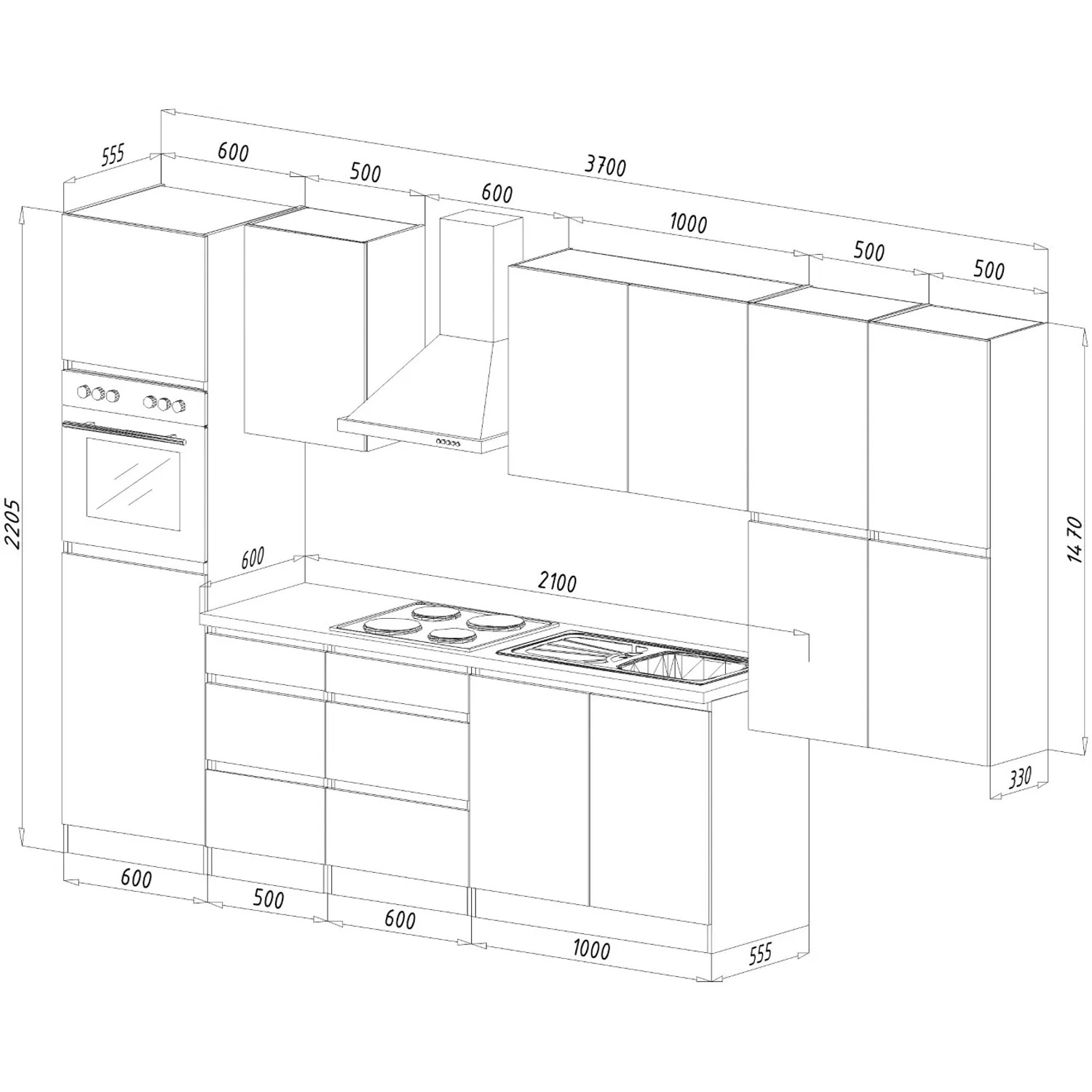 Skizze einer weißen, grifflosen Respekta Küchenzeile (370 cm) in Hochglanz mit Eiche Sägerau Arbeitsplatte.