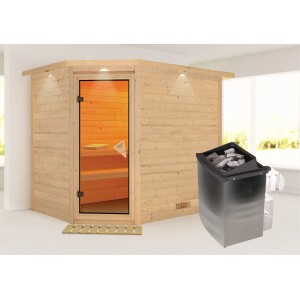 Karibu Sauna Tilda aus Fichte mit Ofen und LED-Dachkranz in Natur.