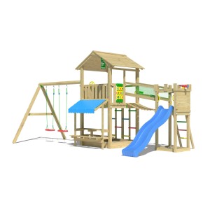 Jungle Gym Spielturm Cascade Holz Picnic m. 2 Schaukeln Brücke Rutsche Blau