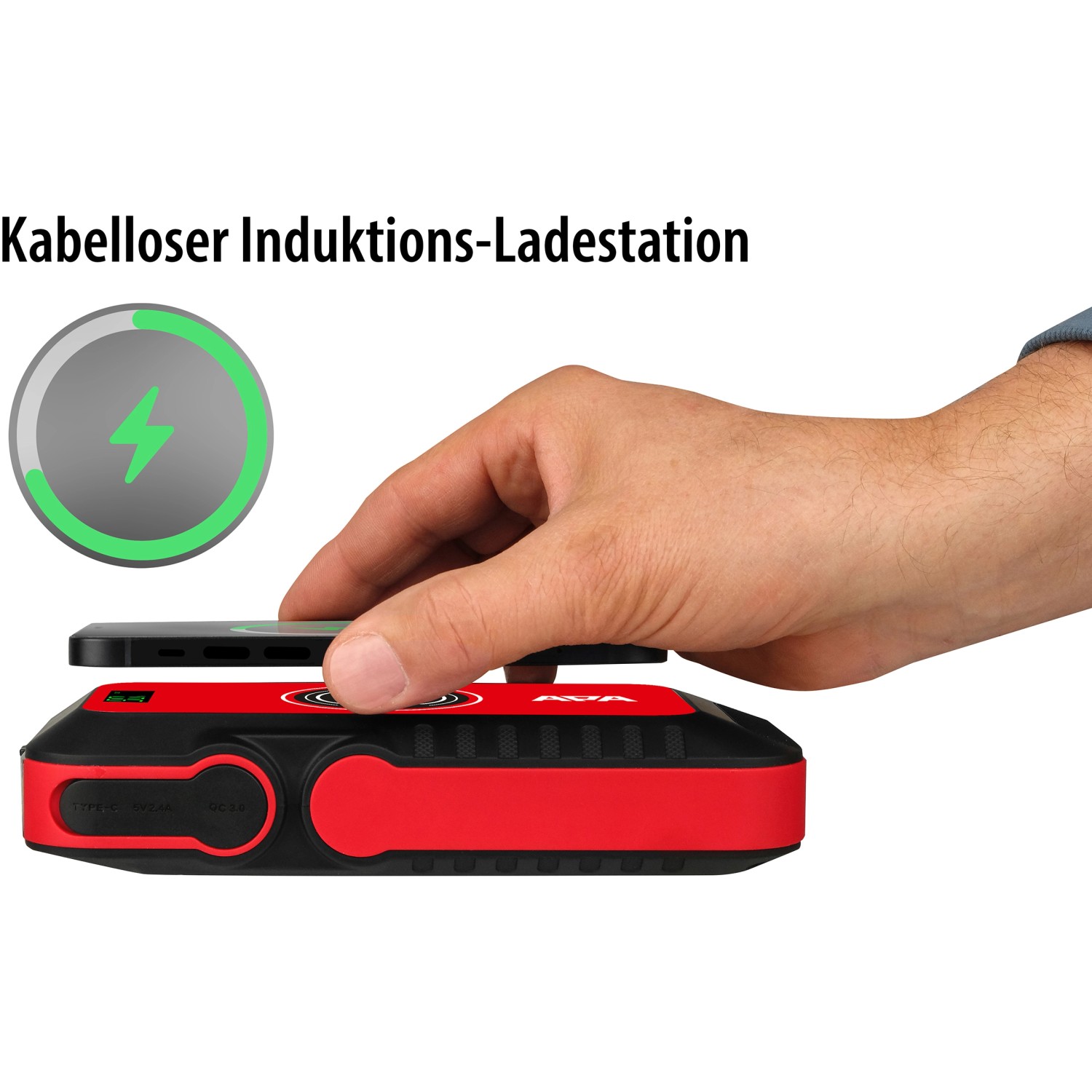 Rotes Apa Schnellstartsystem Powerpack 16.000 mAh mit kabelloser Ladestation für Smartphone.
