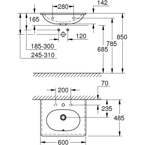 Technische Zeichnung: Grohe Essence Waschtisch 60 cm, Maße und Details für Installation.