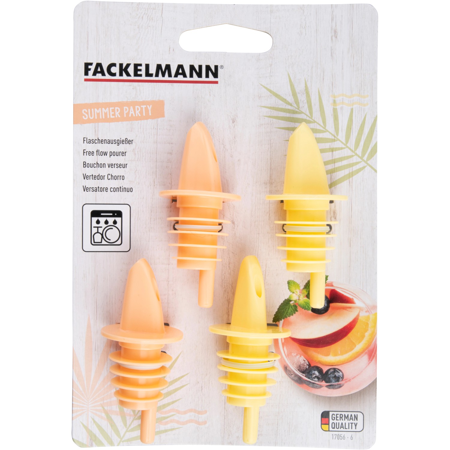Fackelmann Ausgießer Sommerparty, 4er-Set in Gelb und Grapefruit für 0,7-1,0 l Flaschen.