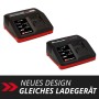 Einhell Power X-Change PXC-Ladegerät 4A in zwei Designs. Schwarzes Schnellladegerät für Elektrowerkzeuge mit rotem Sockel.