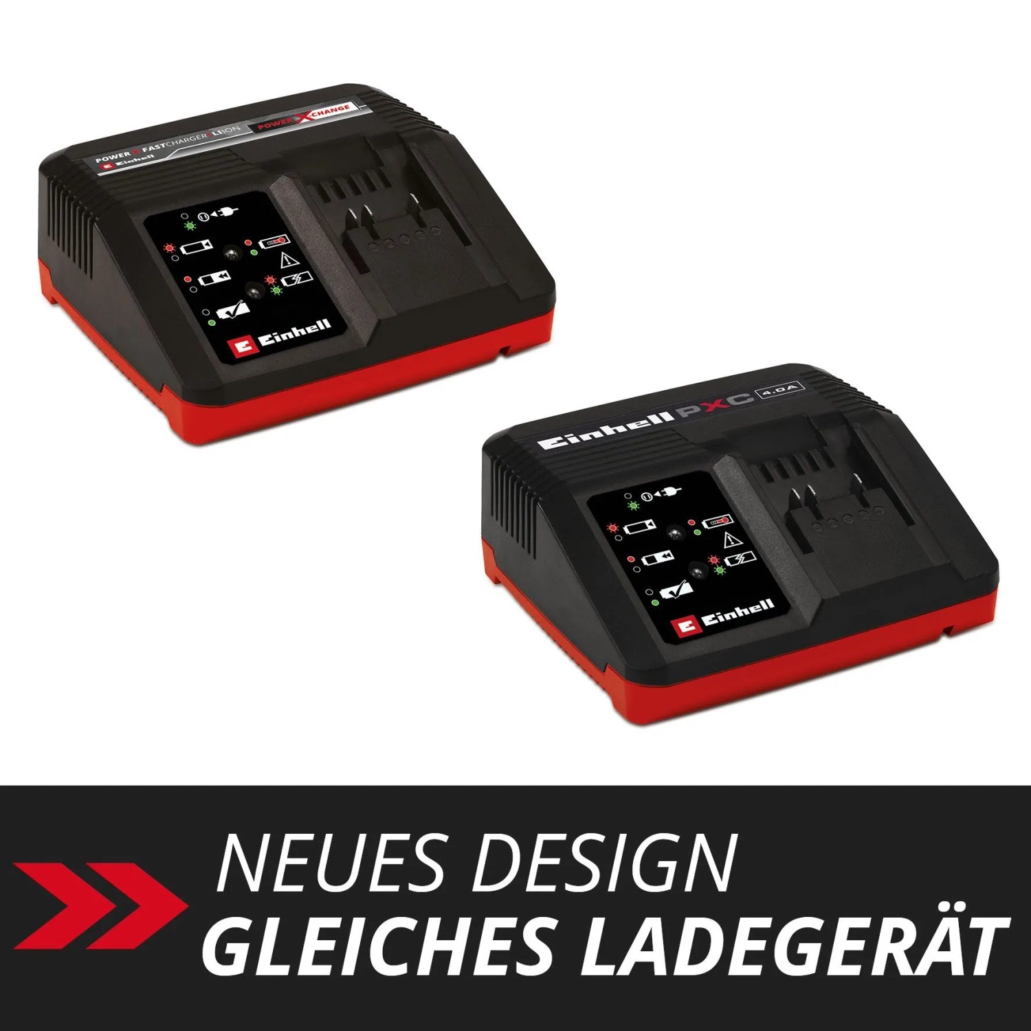 Einhell Power X-Change PXC-Ladegerät 4A in zwei Designs. Schwarzes Schnellladegerät für Elektrowerkzeuge mit rotem Sockel.