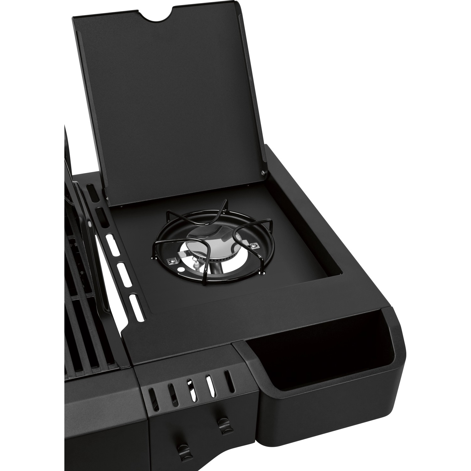 Detailaufnahme: Schwarzer Jamestown Gasgrill Knox II mit Seitenbrenner und geöffnetem Deckel.