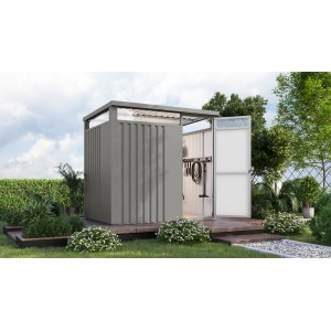 Karibu Gartenhaus Amato 1,5 in Graualuminium mit geöffneter Tür und Lichtband.