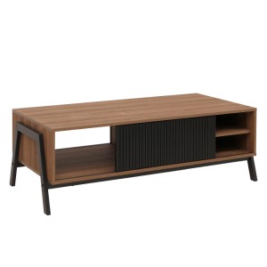 Couchtisch O40 in Natur mit Staufächern, Schiebetür, Metallfüßen, 42x120x60cm