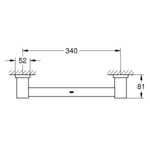 Technische Zeichnung: Grohe Essentials Cube Wannengriff, 34cm, Chrom, verdeckte Befestigung.