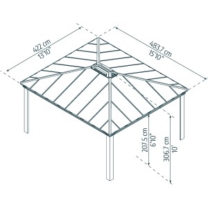 Technische Zeichnung des anthrazitfarbenen Palram Canopia Dallas Garden Pavillons mit Maßangaben.