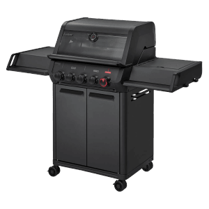 Enders Gasgrill Monroe Pro 3 SIKR Turbo Shadow, schwarzer Grill mit Seitenkocher und Unterschrank.