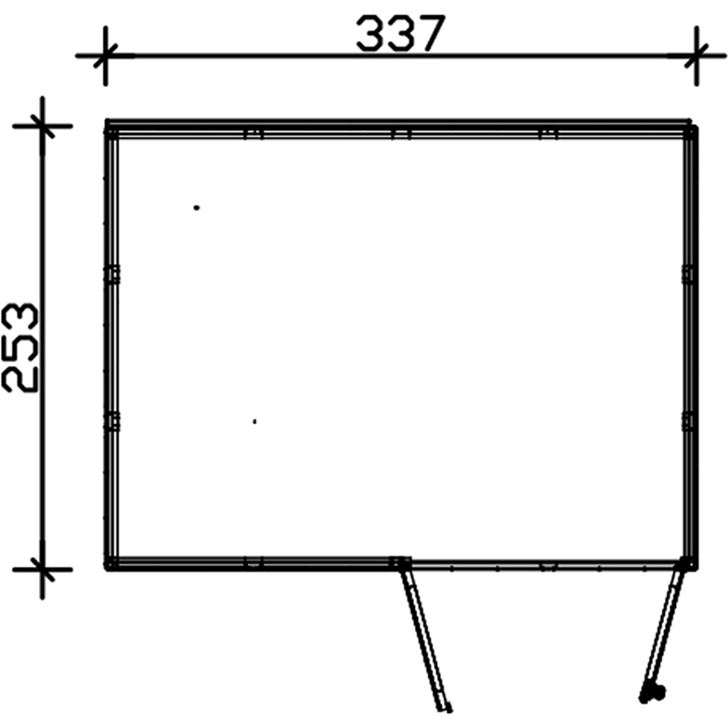 Grundrisszeichnung Skan Holz Gartenhaus Sydney, 337x253 cm, zur Illustration der Abmessungen.