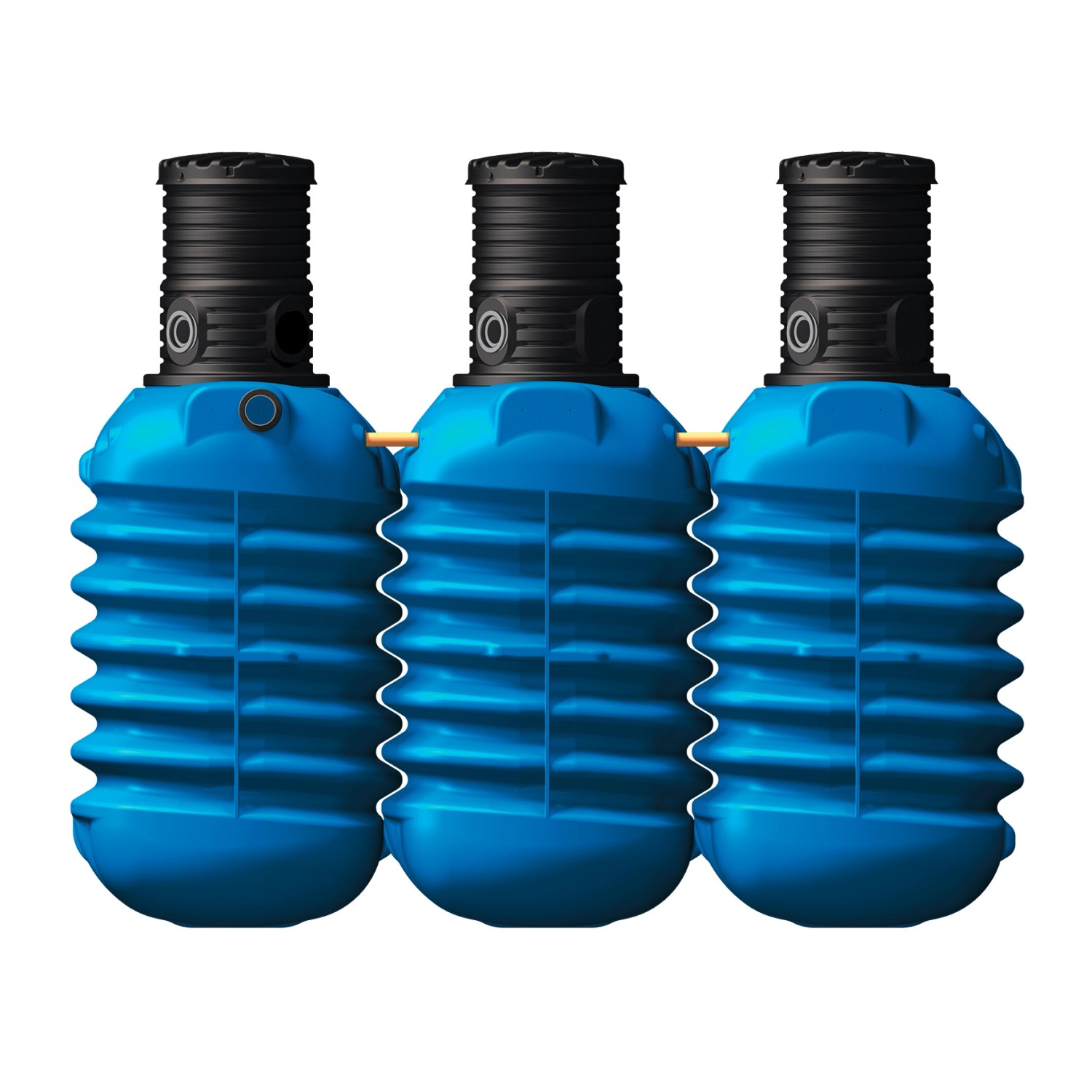 4rain Erdtank Modularis 7500 l Garten-Comfort Paket: 3 blaue Tanks mit schwarzem Domschacht verbunden.