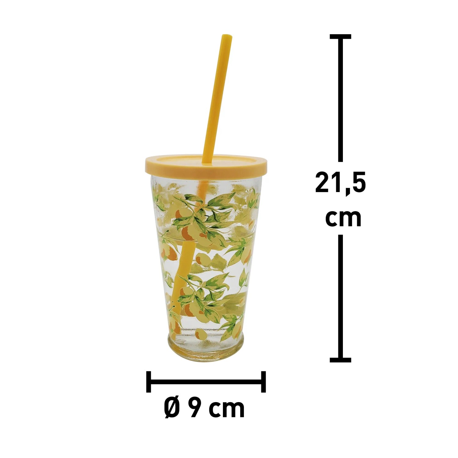 Trinkglas mit Zitronenmuster, gelbem Deckel und Strohhalm, 21,5 cm hoch, ideal für Camping.