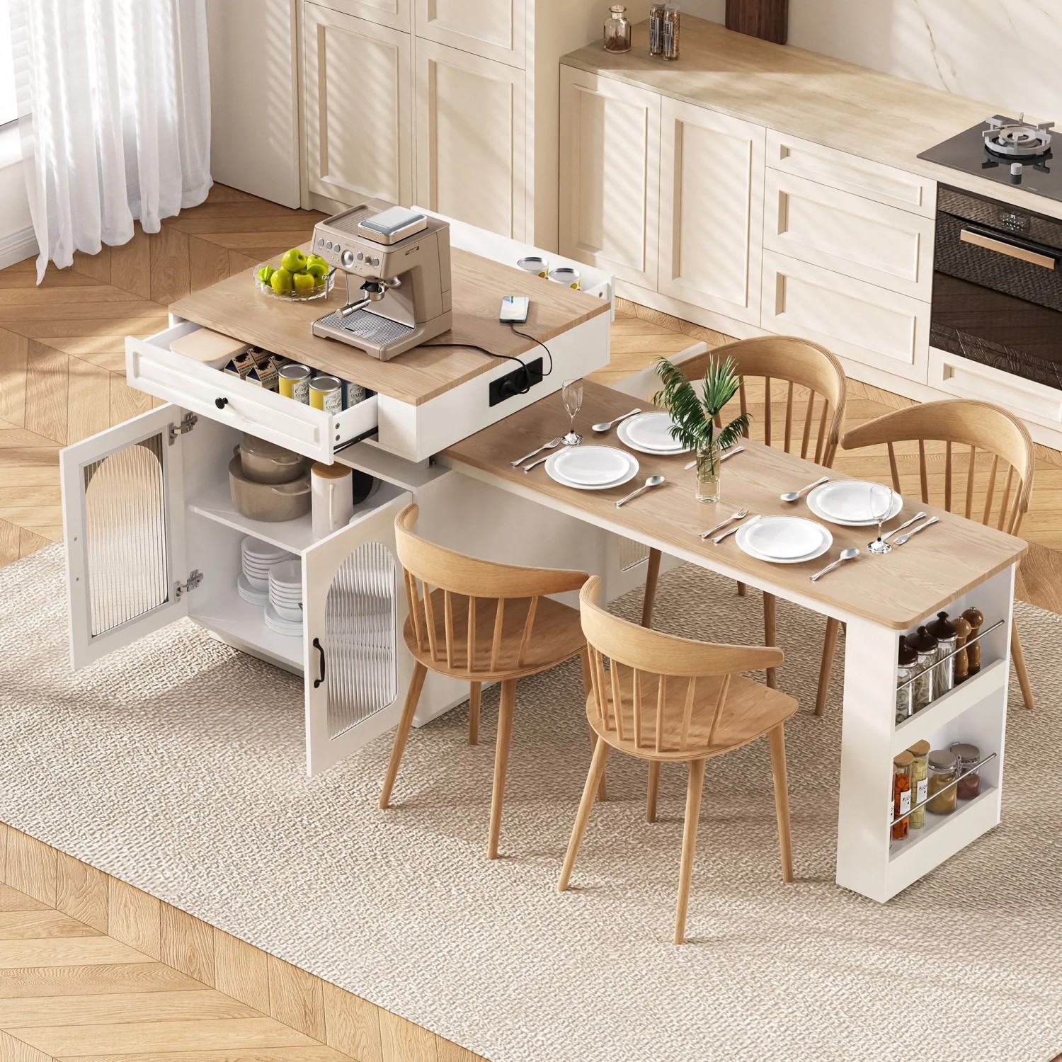 okwish Kücheninsel mit Rollen Ausziehtisch LED Beleuchtung Steckdosenleiste 128-200x71x92cm Weiß_2