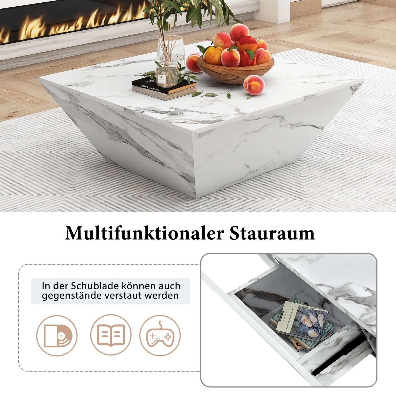 okwish Couchtisch Modern Marmorfurnier Wohnzimmer 70x70x37cm Weiß_6