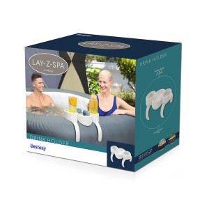 Verpackung des Bestway Getränkehalters Xtras für Lay Z Spa Whirlpools mit Getränkehaltern und Ablage.