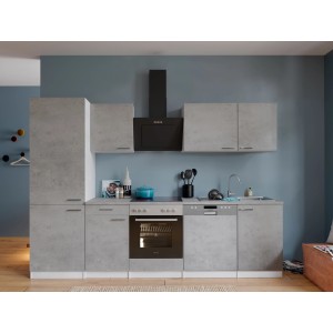 Respekta Küchenblock Malia 280 cm in Betonoptik mit E-Geräten.