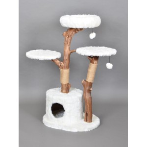 Weißer Dobar Kratzbaum Frosty mit Katzenhöhle und Naturholzstämmen.