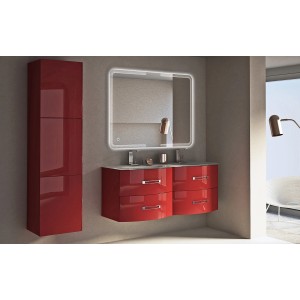 Badezimmer-Set mit rotem Bad-Hochschrank (45 cm), Waschtisch und beleuchtetem Spiegel.