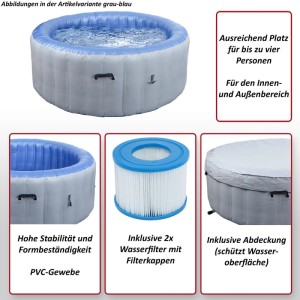 Aufblasbarer Whirlpool N97 für 4 Personen, grau-blau, mit Abdeckung und Wasserfilter.