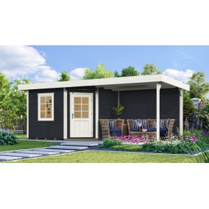Modernes Weka Gartenhaus San Remo B in Anthrazit-Weiß mit Terrasse und Gartenmöbeln.