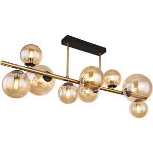 Moderne, 9-flammige LED-Deckenleuchte Riha in Schwarz matt mit amberfarbenen Glaskugeln.