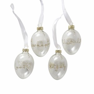 Boltze Dekoanhänger Davina, 4er Set, transparente Glas-Eier mit goldenen Schriftzügen.