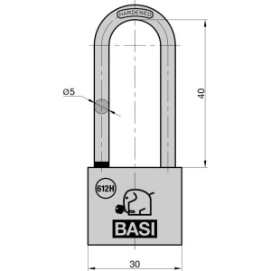 Technische Zeichnung: Basi Vorhangschloss Set, 30 mm breit, 40 mm Bügelhöhe, Messinggehäuse.