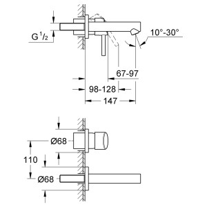 Technische Zeichnung der Grohe Concetto 2-Loch Waschbeckenarmatur in Chrom mit Maßangaben.