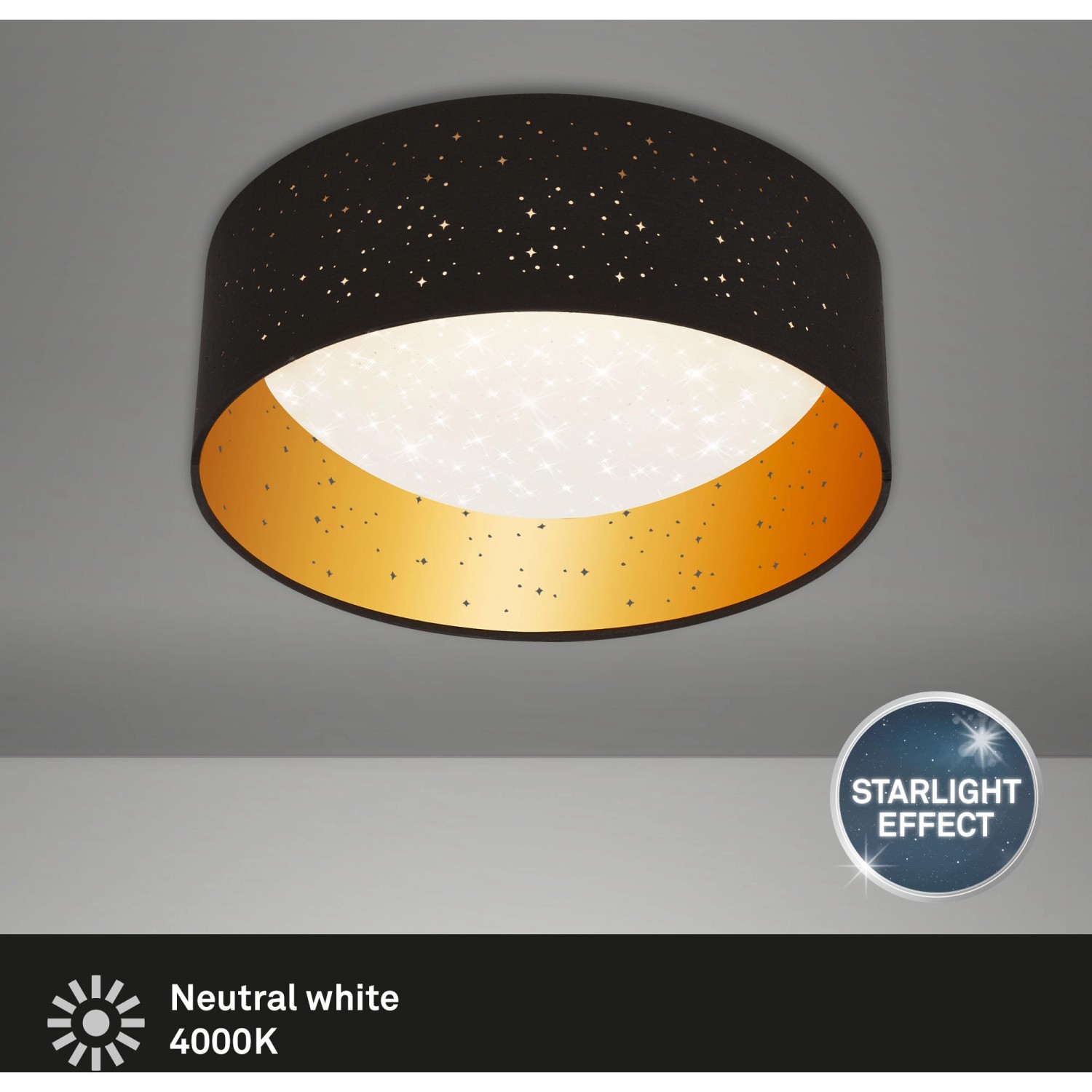 Brilo LED-Deckenleuchte Maila, Ø 32 cm, schwarz-gold mit Sternenhimmel-Effekt.