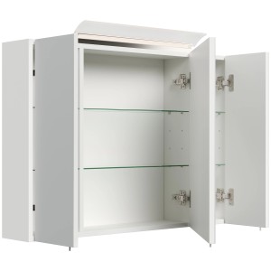 Posseik Spiegelschrank, 90 cm, weiß hochglanz, mit LED-Lampe und Glasböden.