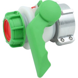 Kugelhahn 80 mm für IBC Tank, mit grünem Griff und Metallanschluss.