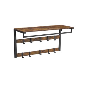 Vasagle Wandgarderobe in Braun-Schwarz mit Ablage, Haken und Kleiderstange.
