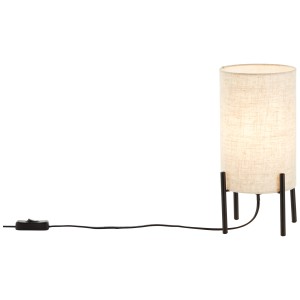 Beige Tischleuchte Fairhill mit Holzfuß und Textilschirm für gemütliches Licht.