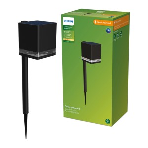 Philips Virona Solar Sockelspieß, schwarze Solar-Wegeleuchte mit Erdspieß und Verpackung.
