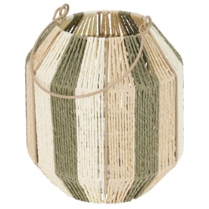 Grün-beige Laterne mit Metallrahmen und Papiergeflecht, 19x20 cm.