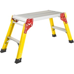 Aluminium Arbeitsplattform mit gelben Beinen und roter Verstärkung, max. 150 kg belastbar.