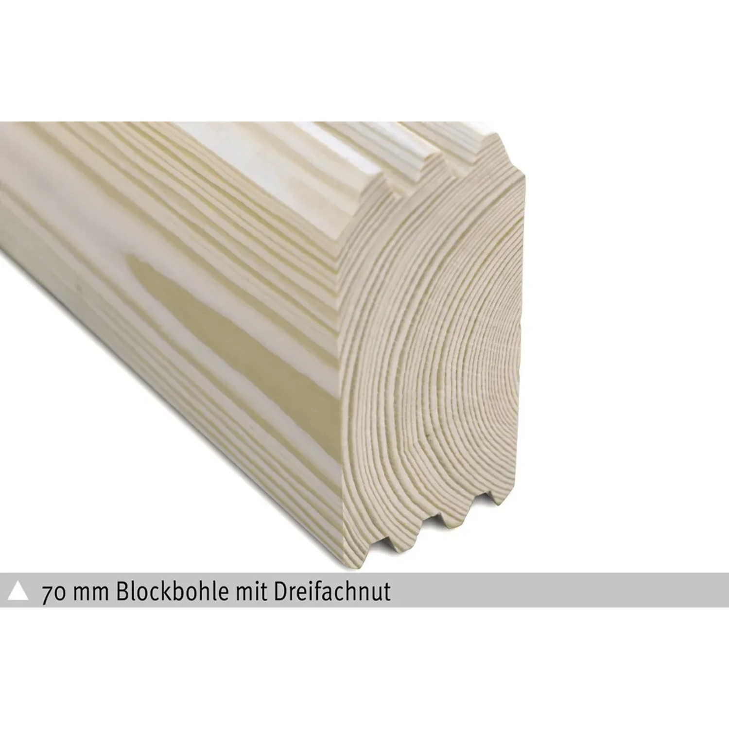 Detailaufnahme: 70mm Blockbohle mit Dreifachnut für Skan Holz Gartenhaus Toronto 4.