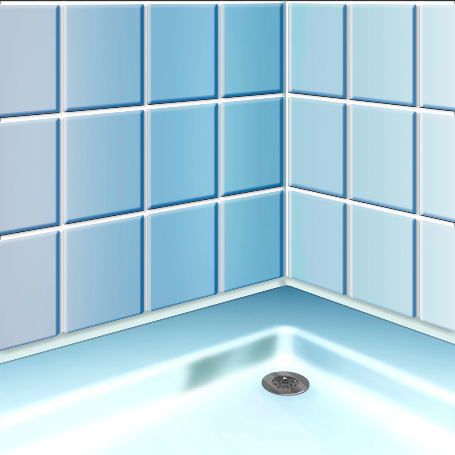 Badezimmer-Ecke mit blauen Fliesen und Abfluss. MEM Schimmel-Vernichter zur Reinigung nutzen.