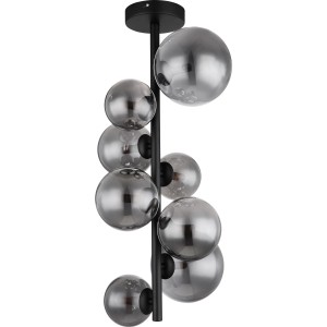 Moderne Globo LED-Deckenleuchte Riha, 8-flammig, schwarz matt mit rauchfarbenen Glaskugeln.