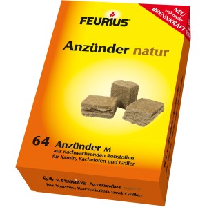 Feurius Anzünder natur, 64 Stück, für Grill & Kamin. Natürliche Grillanzünder im Karton.