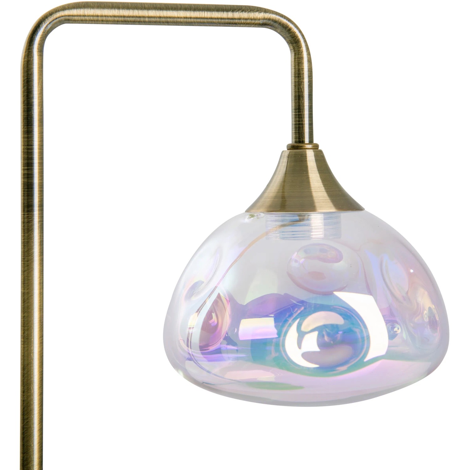 Näve LED-Tischleuchte Varna, 45 cm, mit irisierendem Glasschirm und Messingfarbenem Gestell.