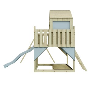 Kinderspielturm mit Rutsche und Spielhaus, Holz natur/eisblau.