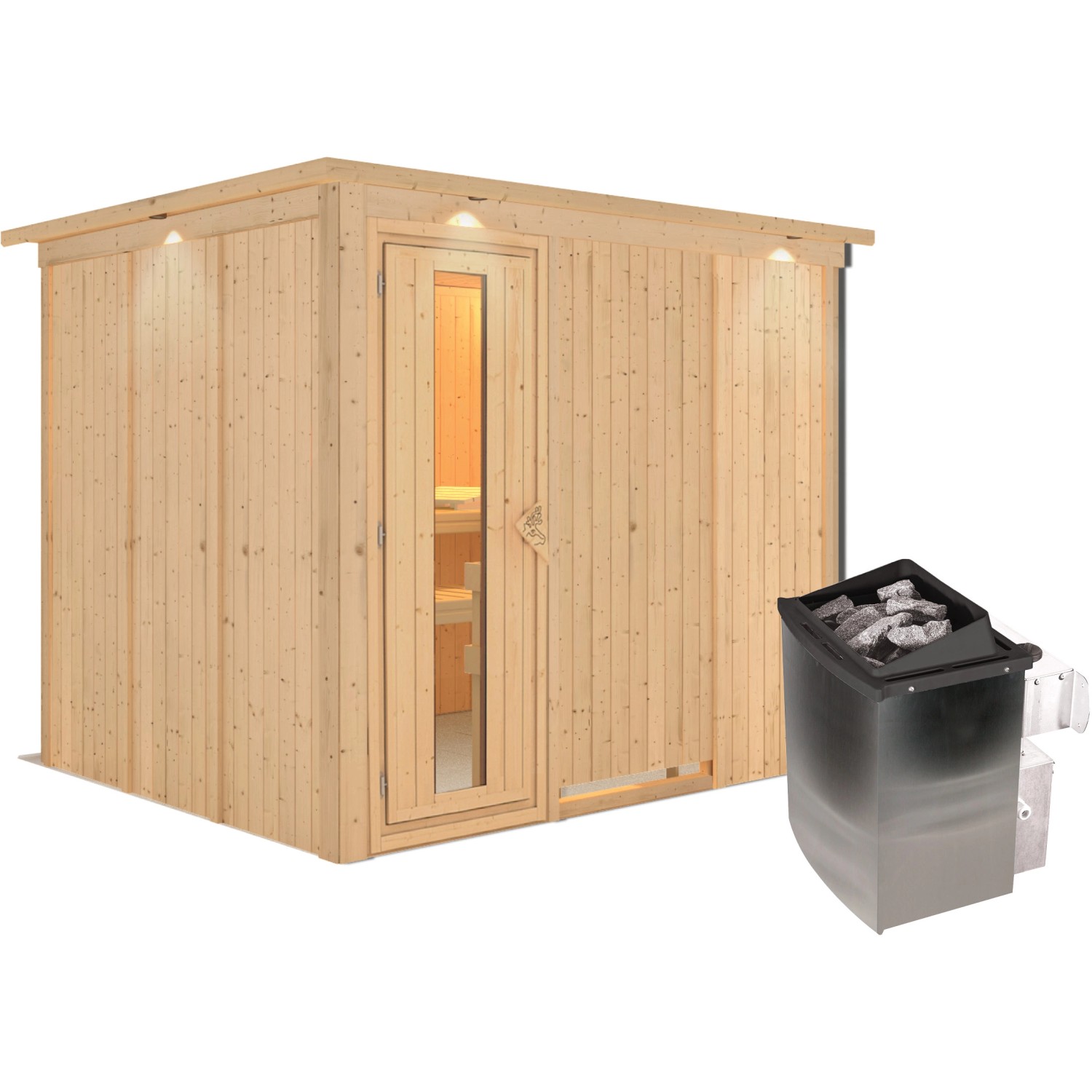 Karibu Sauna Gunda mit Ofen und LED-Dachkranz aus naturbelassener Fichte.