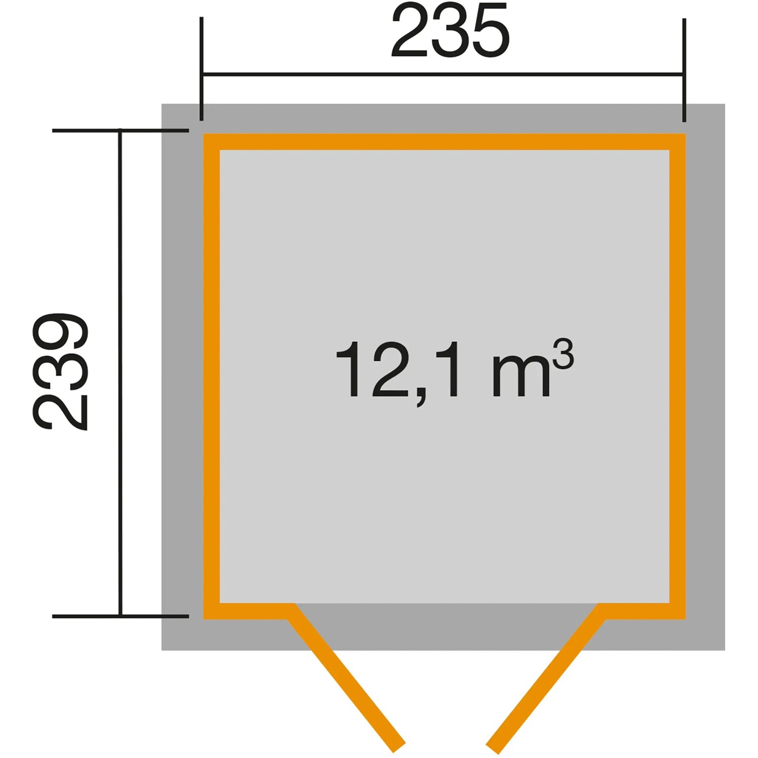 Grundriss Weka Gartenhaus 264 mit Pultdach, Maße 235x239 cm, Fläche 12,1 m³.
