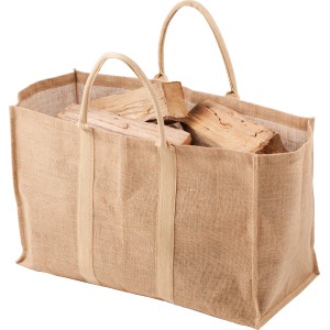 Jute-Holztragetasche gefüllt mit Brennholz, Zubehör für Kamin & Ofen.