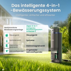 Aiper Irrisense 2 Bewässerungssystem: Intelligente 4-in-1 Lösung für effiziente Gartenbewässerung mit Regnerfunktion.